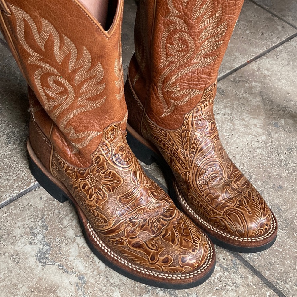Justin Brown Leather Western Boots Round Toe Size 7.5C Tekno Crepe